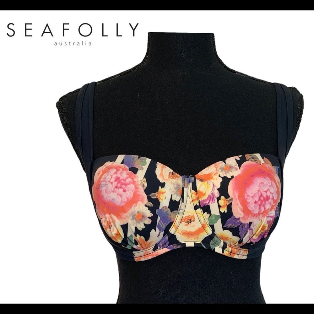Seafolly pink floral flower black bikini top Sz 6 US/10 Au & UK